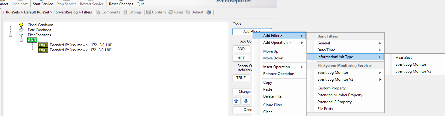 EventReporter Add Filter menu with InformationUnit Type filters