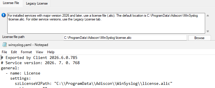 EventReporter configuration client License File tab and YAML export showing szLicenseV2Path
