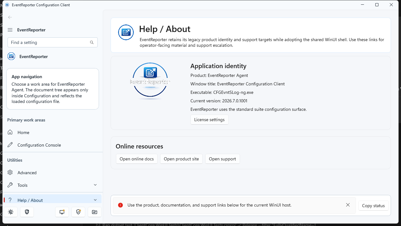 EventReporter next-generation Configuration Client Preview About dialog showing version 2026.7.0.1001