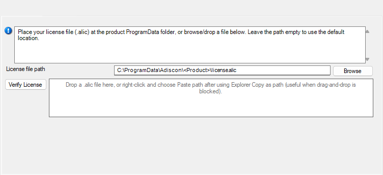 EventReporter configuration client General License page for applying license.alic