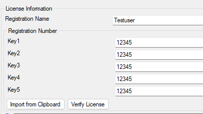 Legacy license registration dialog with registration name and five numeric key fields