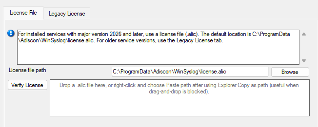 EventReporter 2026 configuration client License File tab with license.alic path and browse control