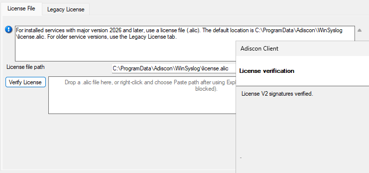 License V2 verification dialog showing signatures verified
