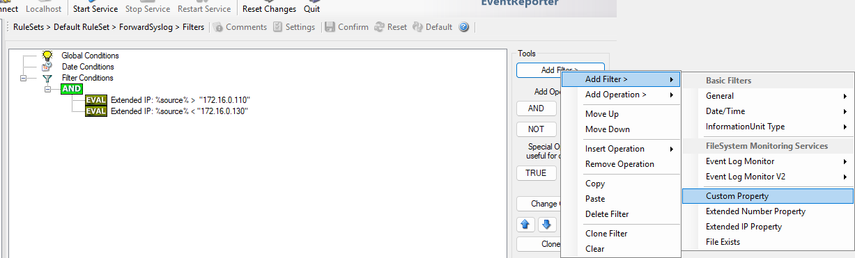 EventReporter Add Filter menu with the Custom Property filter