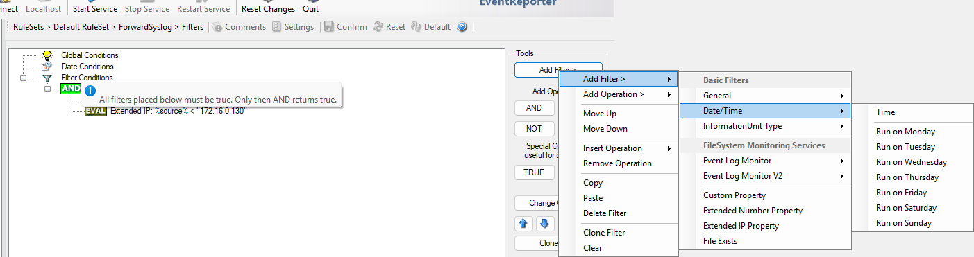 EventReporter Add Filter menu with Date/Time filters
