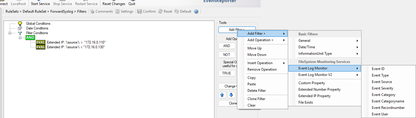 EventReporter Add Filter menu with Event Log Monitor filters