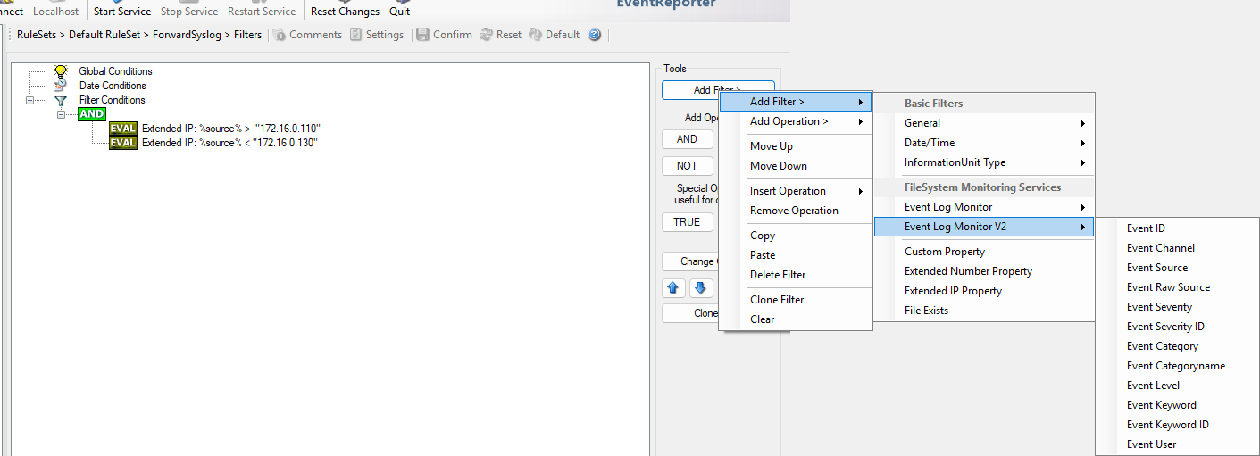 EventReporter Add Filter menu with Event Log Monitor V2 filters