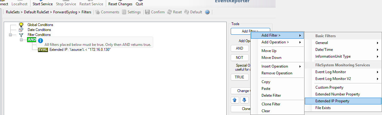 EventReporter Add Filter menu with the Extended IP Property filter