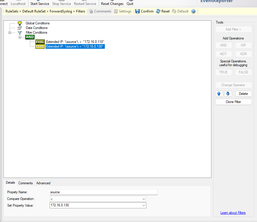 EventReporter filter tree configured for an IP address range