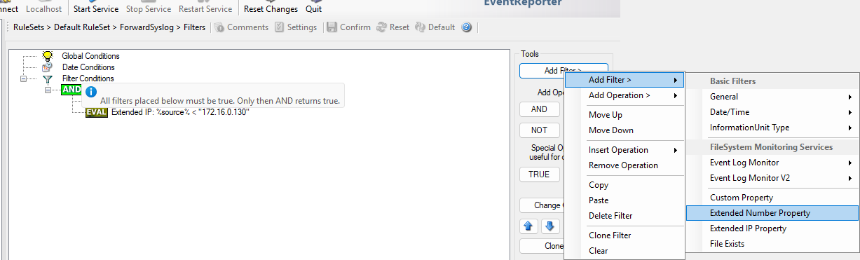 EventReporter Add Filter menu with the Extended Number Property filter