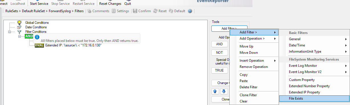 EventReporter Add Filter menu with the File Exists filter