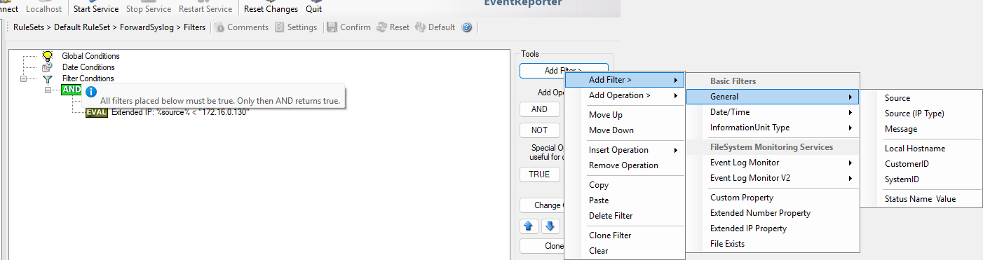 EventReporter Add Filter menu with General filters