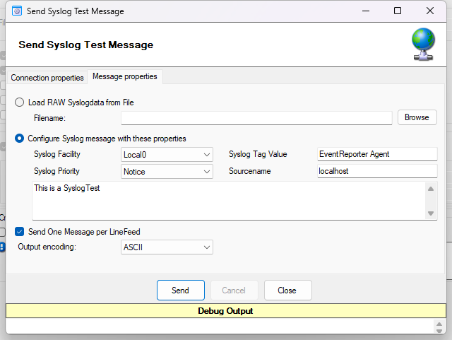 EventReporter Syslog Test Message properties